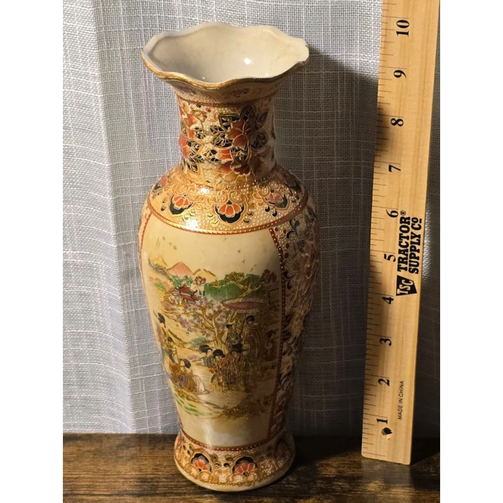 Set of 2 Vintage‎ Japanese Style Vases Tan/Red 10 inch